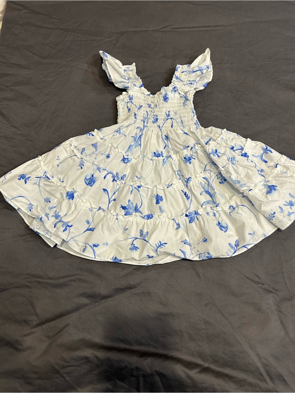 Hill House White Dress with Blue Floral Print - Ruffled Sleeves